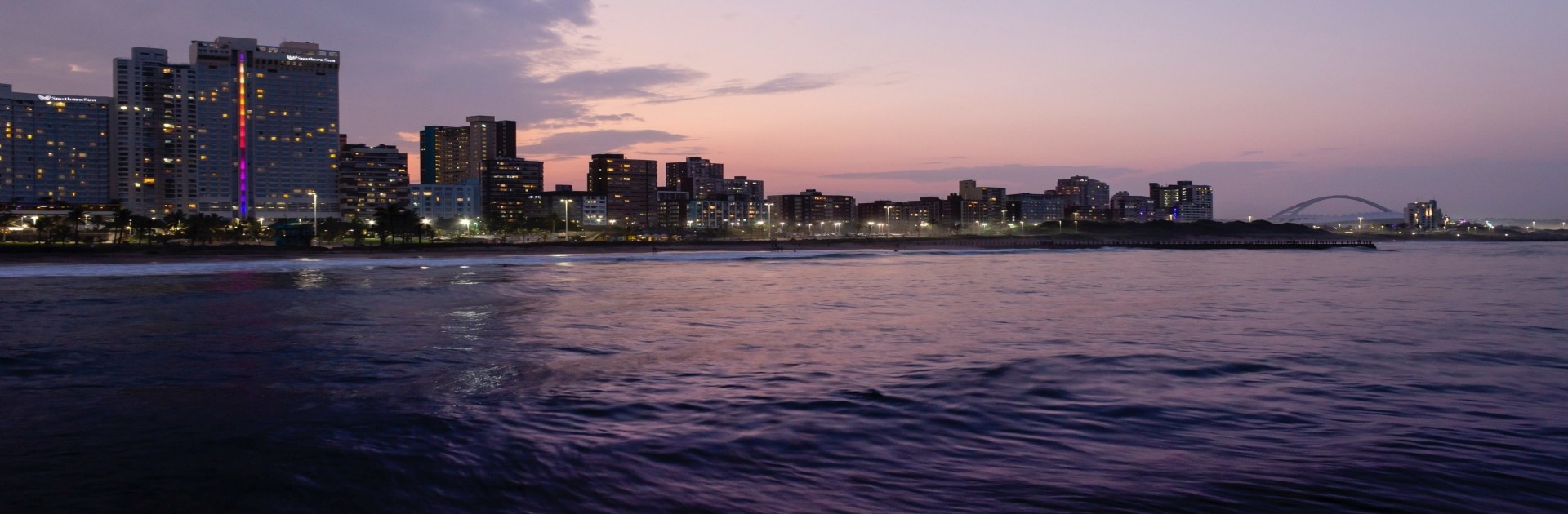 Durban beachfront skyline at dusk